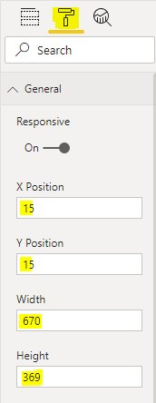 Image showing Power BI screenshot of how to change the position of a data visual. Select the visual, go to the formatting pane, general section, and adjust the X position, Y position, width, and height.