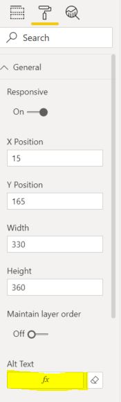 Screenshot of Power BI formatting pane, showing where to enter dynamic alt text using the fx button under "General"