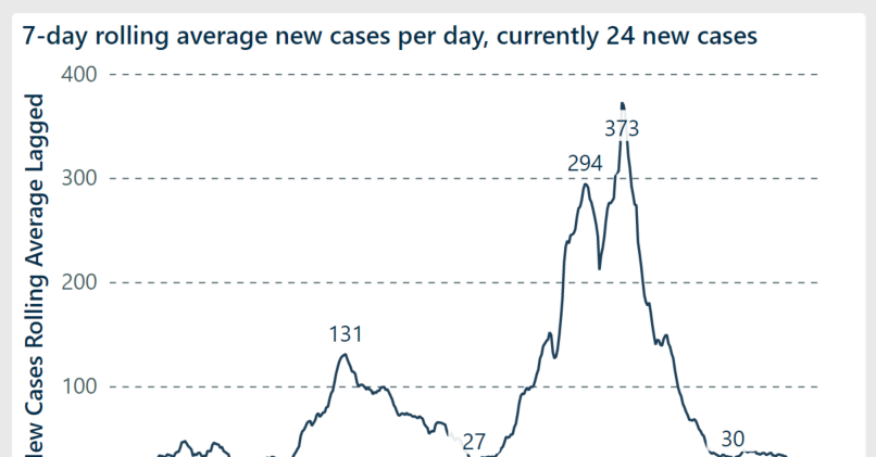 Screenshot of a visual with dynamic title reading "7-day rolling average new cases per day, currently 24 new cases". The title will dynamically update as the rolling average changes.