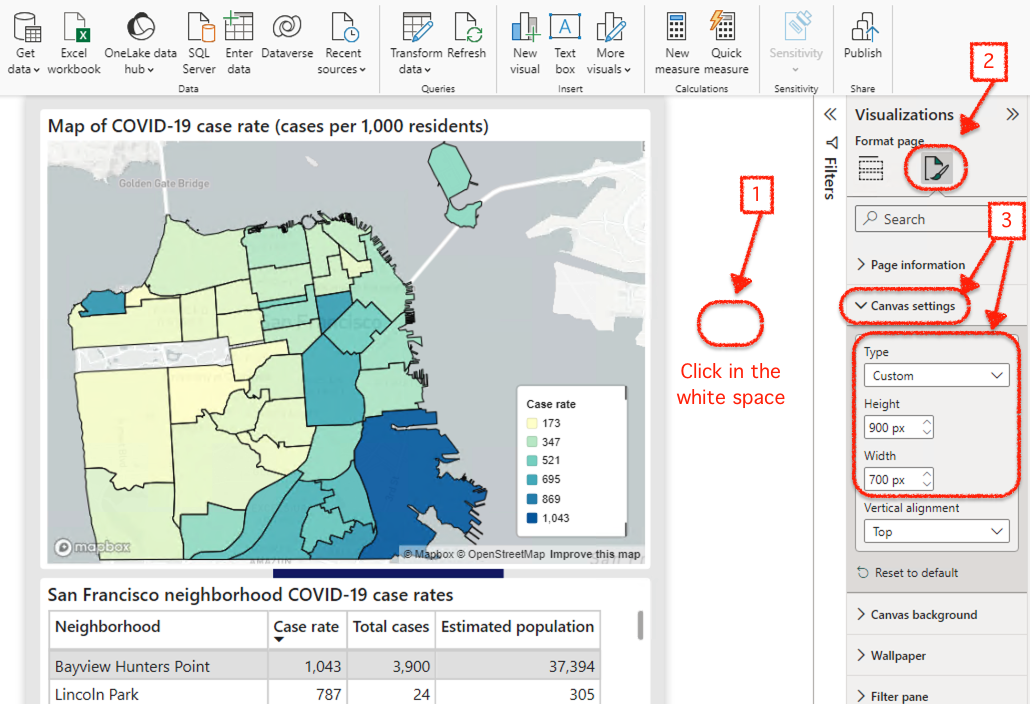 Screenshot of Power BI desktop showing how to change page size. Click outside dashboard to ensure no visuals are selected. Then click the visualizations paper icon with a paint brush in front, go to canvas settings, and change the numbers under width and height.