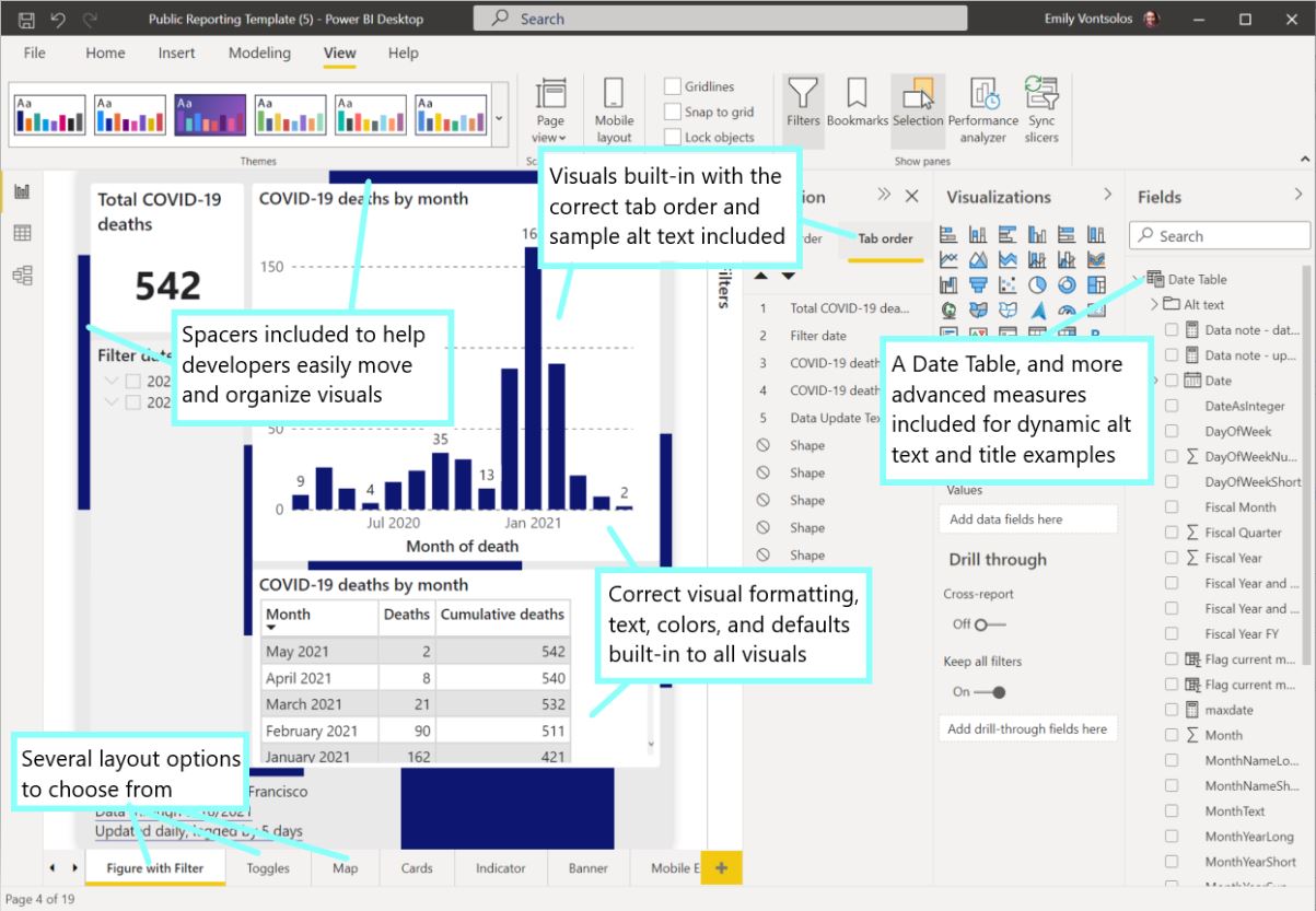 Screenshot from our Power BI template file, highlighting the contents: there are several layout options, built-in spacers to help move and organize visuals, all formatting standards are built in, alt text and tab order are correct, and a date table and other advanced measures are also included.